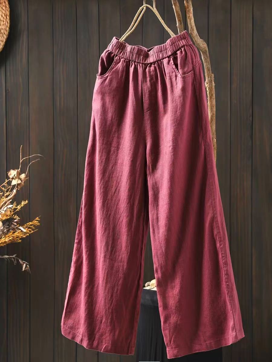 

Johnature Women Vintage Wide Leg Pants Elastic Waist Spring Solid Color Trousers Loose Pockets Casual Pants L фуксия