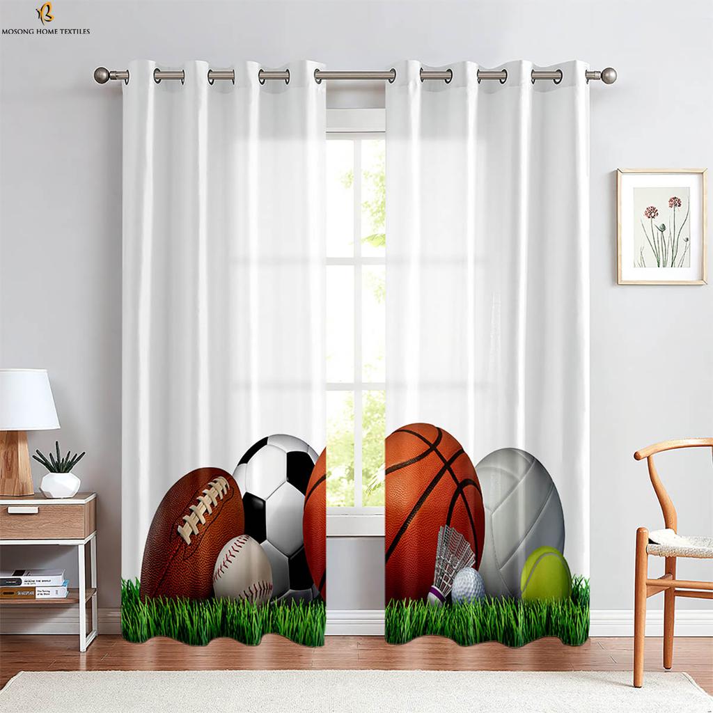 2-delade Flamma Basketboll 3D-tryckta Gardiner Polyesterfiber Maskintvättbara Sovrum Vardagsrum Kök Dekorativa Gardiner