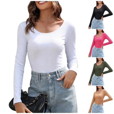 Women's Fashion Casual Solid Color Slim Long Sleeve Round Neck Top