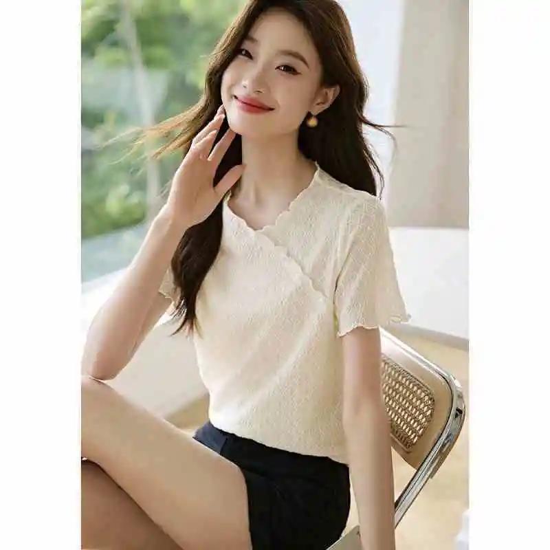 Korean Temperament Elegant Korean All Match V-neck Exquisite Texture Fabric Summer New T-shirt Fashion Graceful Tops