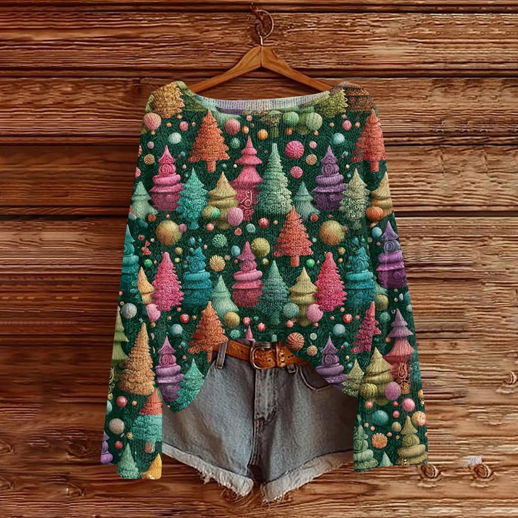 Women's Round Neck Lightweight Sweater Casual Long Sleeve Christmas Print Knit Pullover.