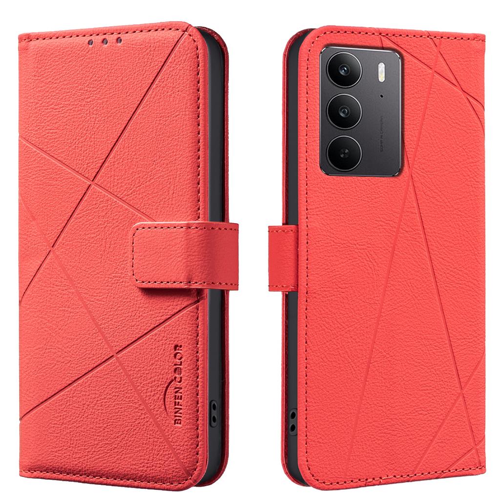 Pro Realme C75 4G Pouzdro BINFEN COLOR BF35 Geometricky Ražený Kožený Kryt na Telefon RFID Blokující Peněženka Stojánek