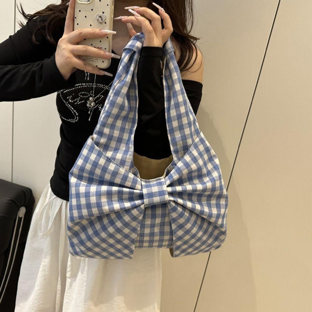 Bowknot Bow Shoulder Bag Large Capacity Plaid Tote Bag Simple Handbag Travel