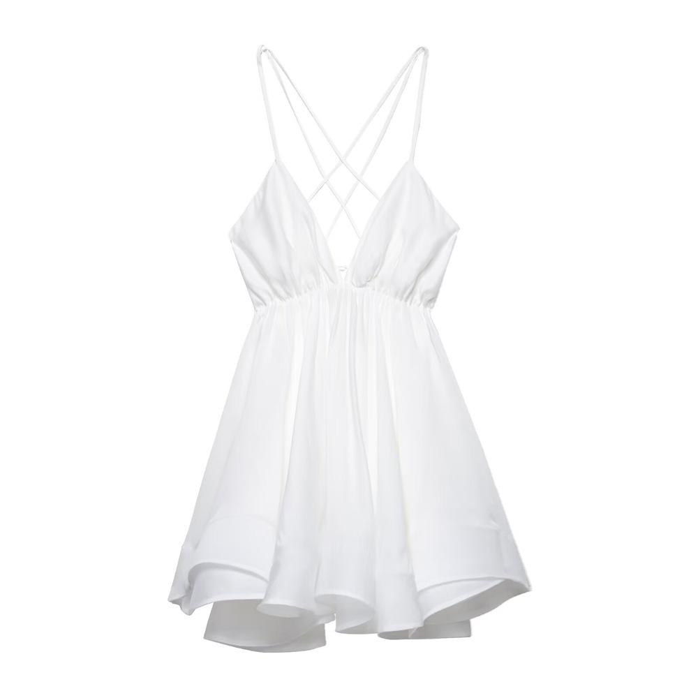 

2025 Весна/Лето Женское Милое Платье С Открытой Спиной, V-образным Вырезом, на Бретелях-спагетти, Свободного Покроя Small белый