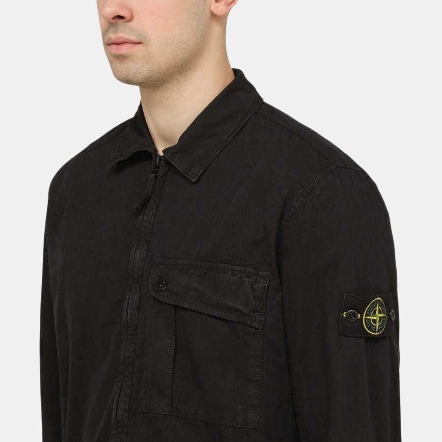 STONE ISLAND Ss24 Pocket Washed Distressed Brushed Cotton Pointed Collar Two-Way Zipper Shirt Jacket Men Jacket Black 8015119WN-V0120