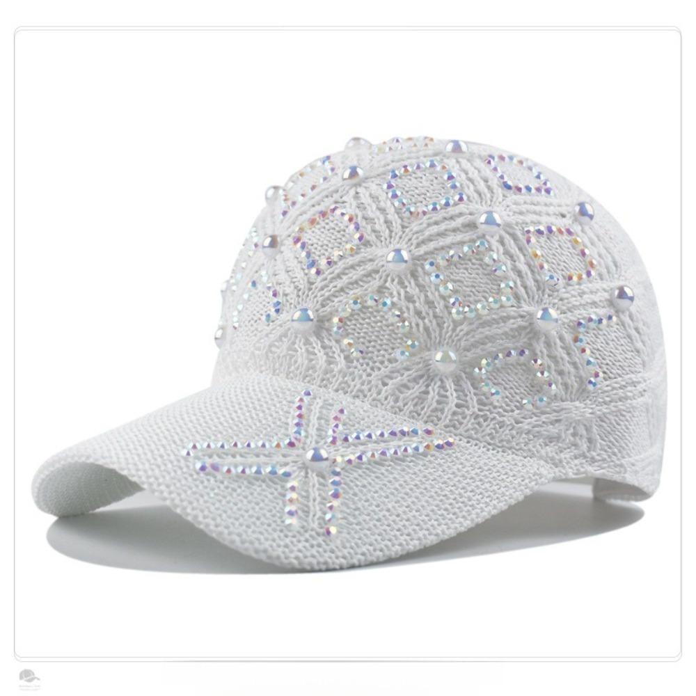 Hand Rhinestone Decor Rhinestone Pearl Sun Hat Breathable Mesh Visor Cap  For Women 2