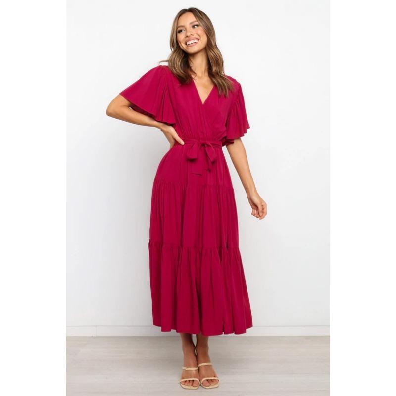 2025 Summer V-neck Short Sleeved Casual Dress Elegant Women Commuter Lace-up Waist Office Casual Party A-line Dresses Female Women's Clothing