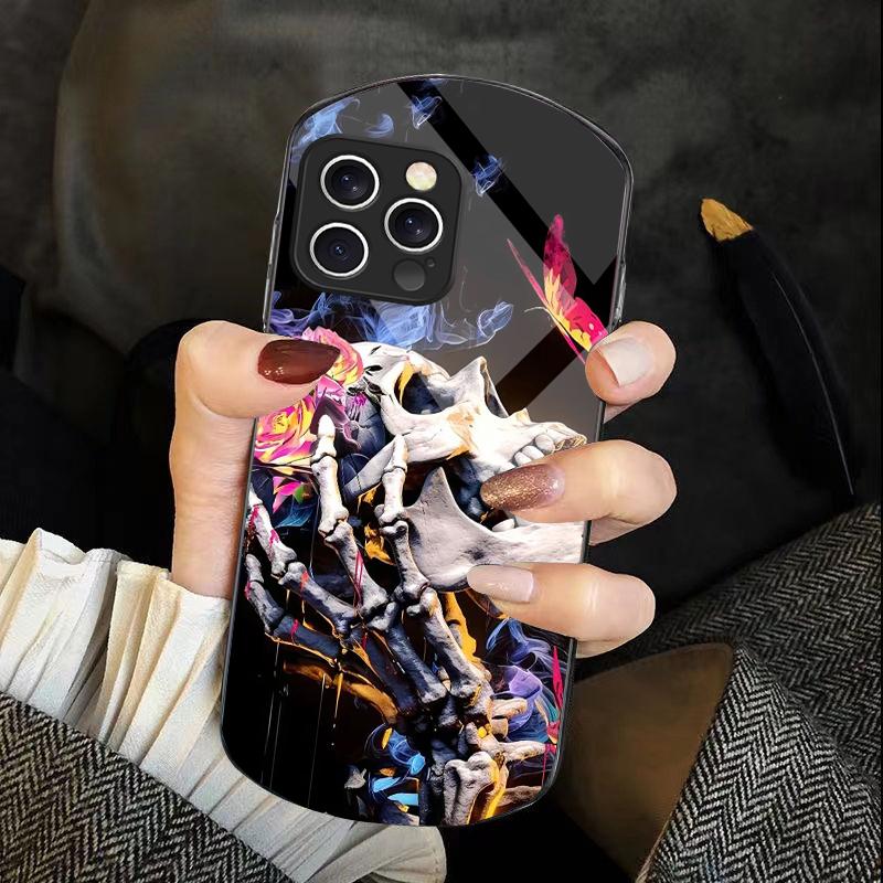 Skeleton Skull Flower For IPhone 16 Pro Max 11 12 Mini 13 14 P Lus 15 Plus 7 8 Se 2020 X Xs Elliptical Tempered Glass Phone Case