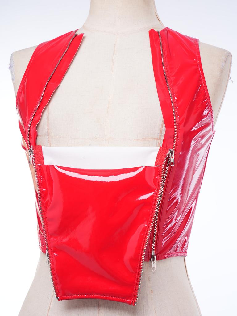 Ladies Glossy PU Leather Crop Top S-3XL Front Double Zippers Sleeveless Slim Tank Top for Club Rave Party Nightwear