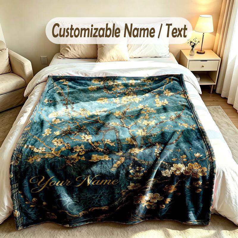 Floral Garden Theme Soft Blanket Personalized Custom Name Text Print Warm Blanket Home Sofa Bedroom Decor