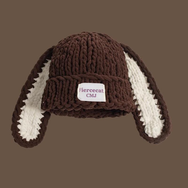 Korean Cute Long Rabbit Ears Thick Woolen Hat for Women In Autumn and Winter New Thickened Warm Ear Protection Pure Handmade Knit Hat