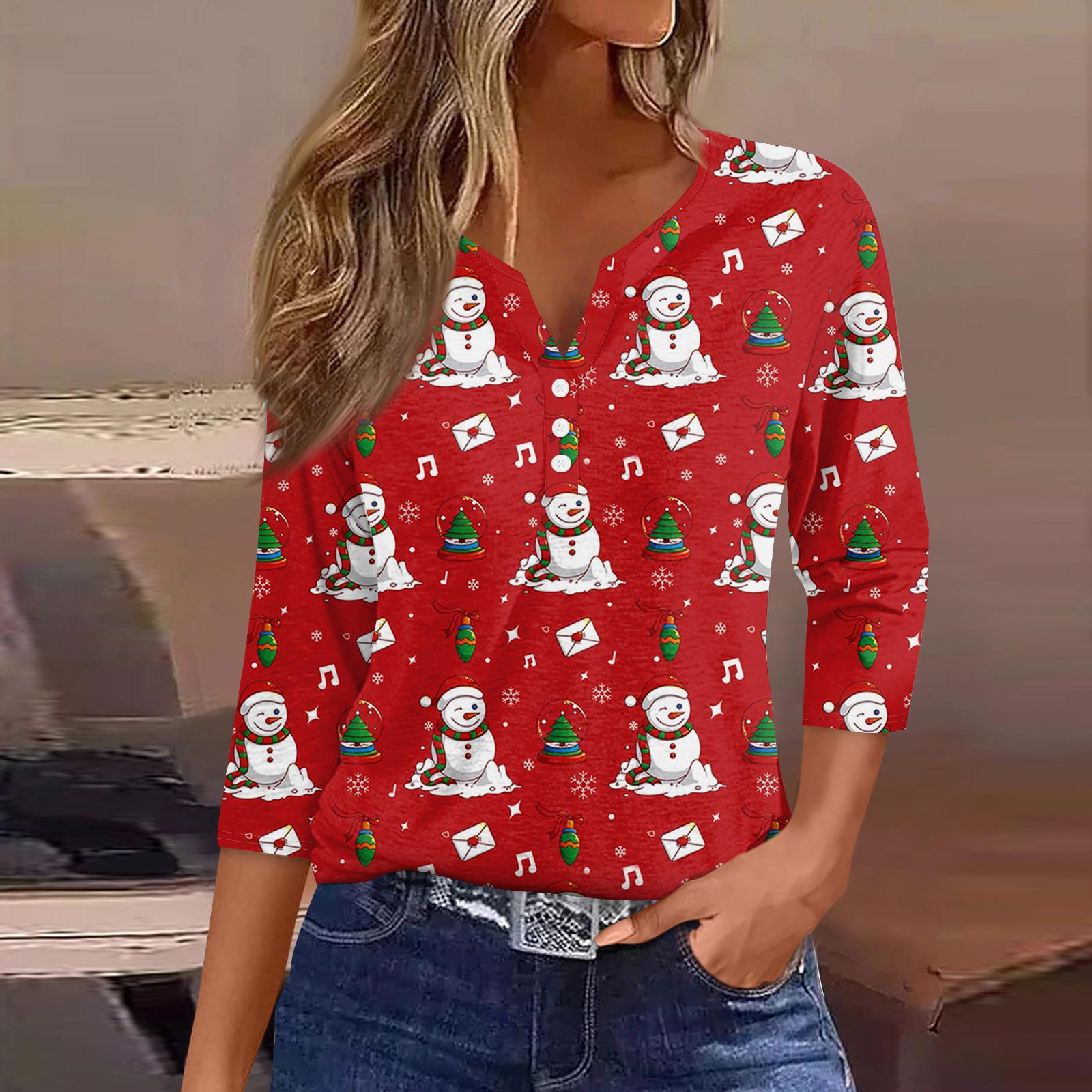 

Жен. Футболка Футболка С принтом Пуговицы Рукав 3/4Ежедневно Выходные Мода Классический Топ с v-образным вырезом Обычный M красный