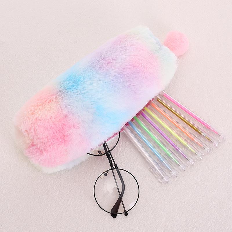 Gradient Plush Pencil Case: Cute Octagonal Stationery Box for Girls