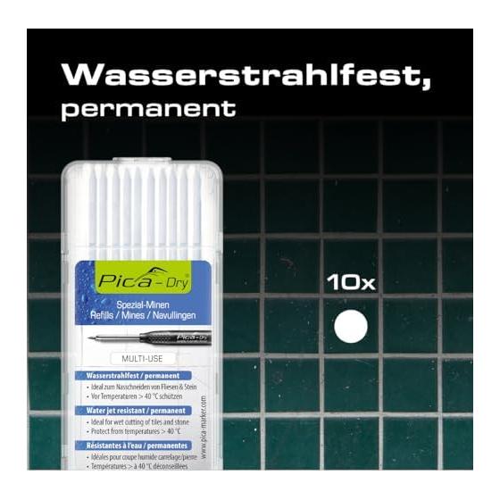 Pica-Marker Refill Leads for "Dry" Construction Pencils - White (10 pcs) - Ideal for Marking on Dark Surfaces - Refill for 3030 - Easy-Open Case,
