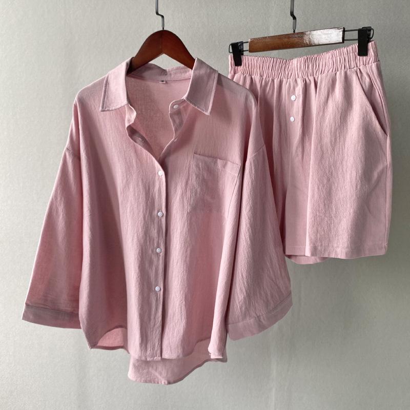 Women's Retro Plus Size Cotton Linen 2-Piece Set: 2024 High Waist Shirt and Loose Shorts