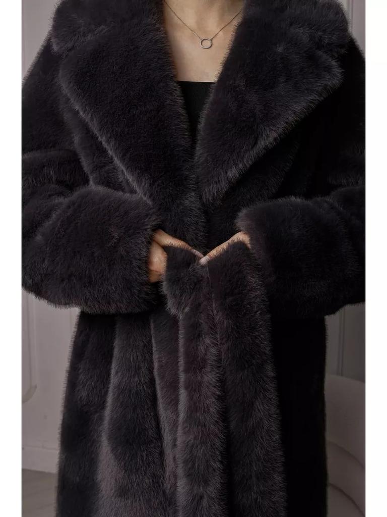 Faux Fur Long Coats Women Jackets Overcoats Lace Up Turn Down Collar Full Sleeve Open Stitch Thick Loose Y2k  Autumn Winter
