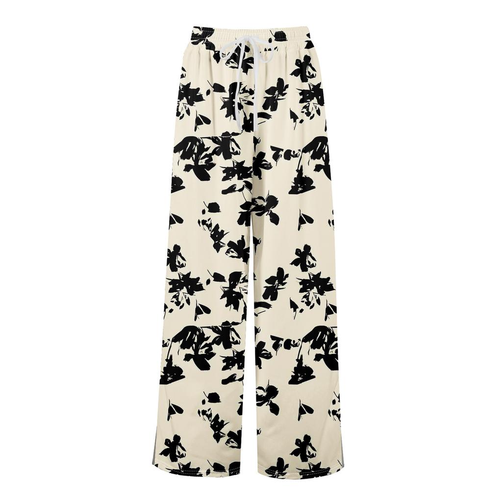 Women Summer Boho Palazzo Pants High Waist Wide Leg Floral Printing Casual Trousers With Pockets