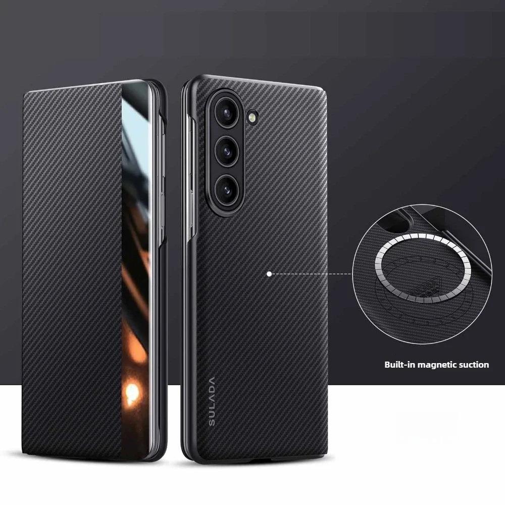 

Smart Window Carbon Fiber Texture Magnetic Phone Case with Card Holder for Samsung Galaxy Z Fold 7 6 5 4 5G Flip Leather Cover For Galaxy Z Fold6 чёрный