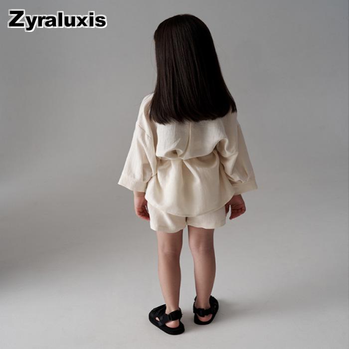 Spring/Summer Girls Cotton Linen Long Sleeve Round Collar Shirt Set + Shorts Kids 2-Piece Outfit