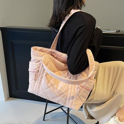 Rhombus Casual Cotton Bag Women's Large-capacity Commuter Portable Tote Bag Lightweight and Versatile Student Class Shoulder Bag