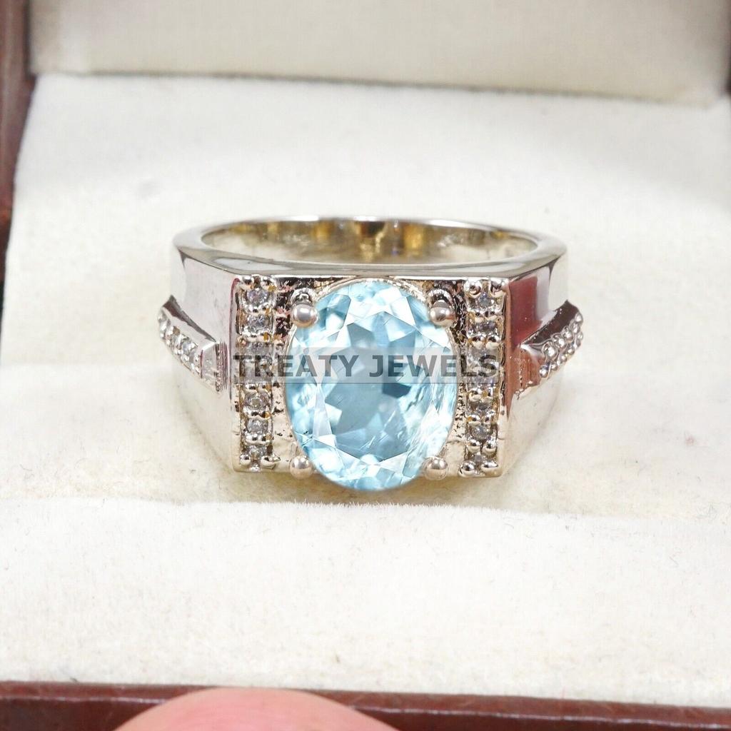 Aquamarine Oval Cut Gemstone With 925 Sterling Silver Ring For Men's #A771 JL375659124900