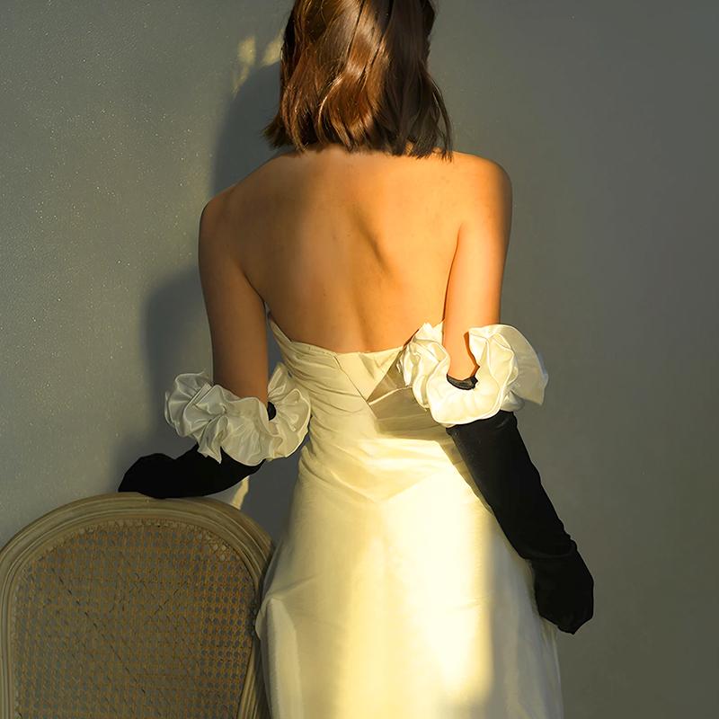 1Pair Long Satin Dress Accessories Decorative Border Elegant Party Festival Gold Velvet Princess Mittens Wedding Matching