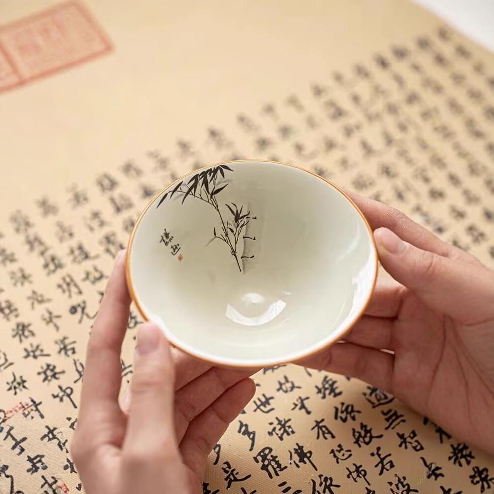 Grass And Wood Ash Hat Cup Hand-Painted Ink Wash Gentleman Bamboo Household Ceramic Kung Fu Tea Set Master Tea Cup Personal Tea Cup