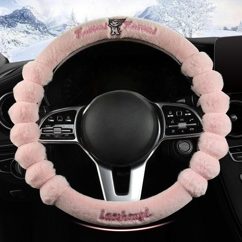 New Kuromi Winter Plush Rabbit Velvet Warm Steering Wheel Cover Soft Handle Cover for Men And Women Car Accessory