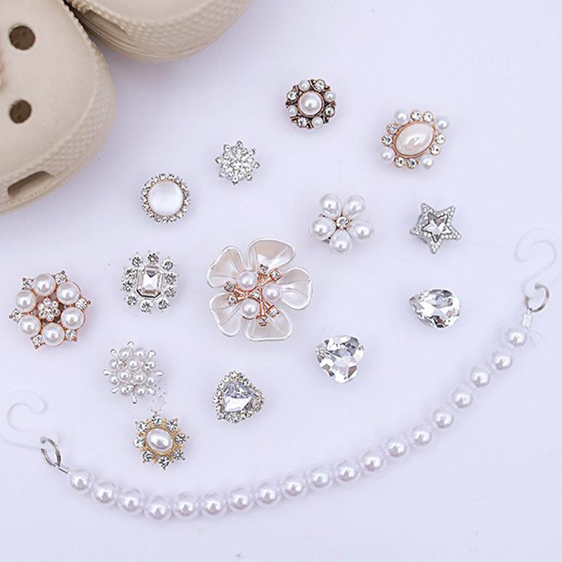 

15 шт. Роскошный металлический набор шармов для обуви Аксессуары Отверстие Пряжка для обуви Усовершенствованная Алмазная Жемчужная Цепочка Балетный Стиль DIY 3D Украшения для обуви