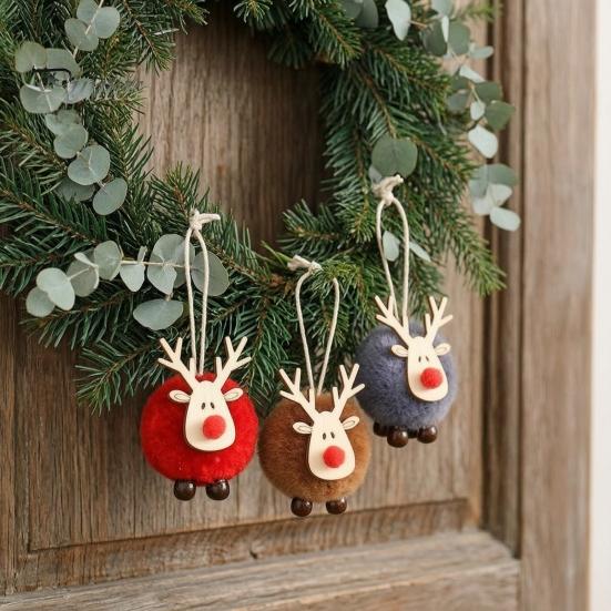 Reusable Christmas Hanging Pendants Felt Elk Ornaments, Cute Fuzzy Pom Reindeer Charming Deer Figurines for Seasonal Decor Pendant, Holiday
