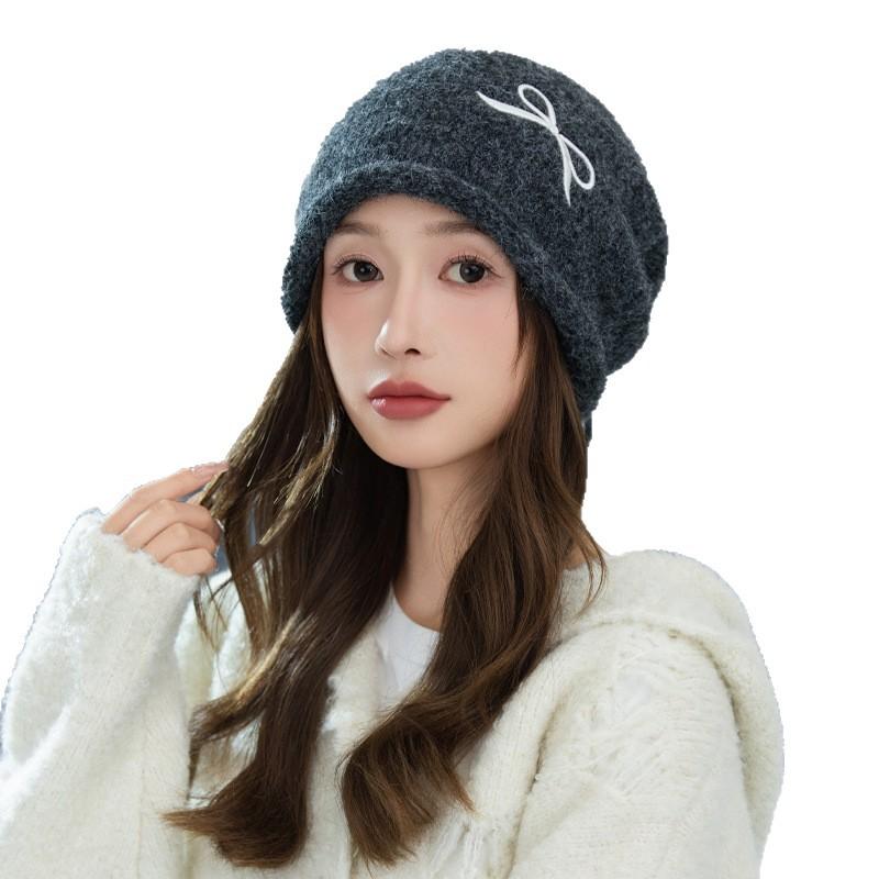 Sweet and Cute Bow Embroidered Drawstring Cold Hat Autumn and Winter Fashion Versatile Pullover Hat Windproof and Warm Wool Hat Korean