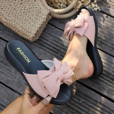 Women Slippers New Bowknot Decor Slip On Sandals Platform Beach Slippers Non-slip Solid Flat Shoes Slides Women Zapatos De Mujer