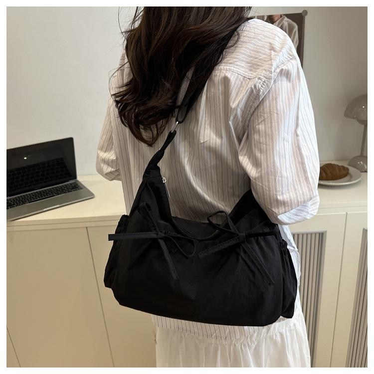 Pleated Bow Knot Tote Bag for Women Cotton Large Capacity Shoulder Crossbody Bag