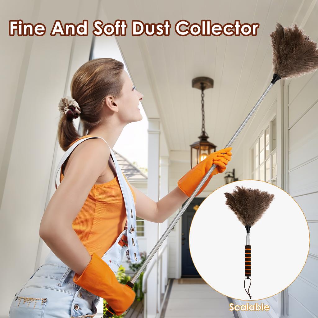 Extendable Ostrich Feather Duster With Stainless Steel Long Handle Brush Household Ceiling Fan Furniture Dust Cleaning Tool
