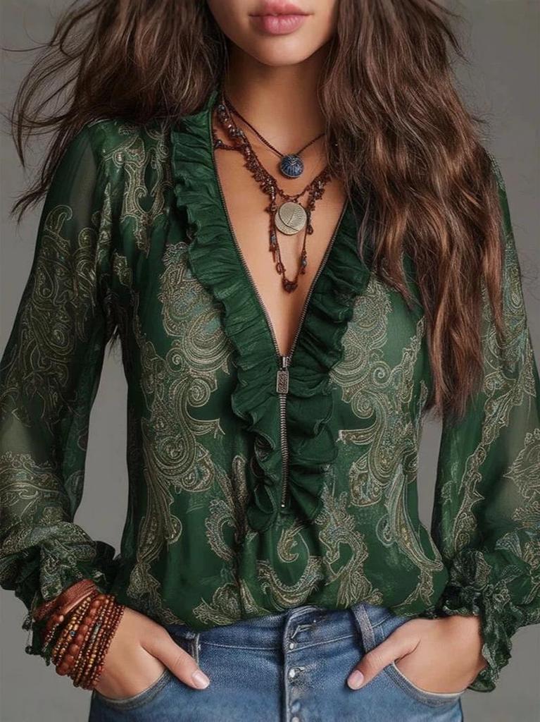 European Deep V-neck Paisley Ruffle Chiffon Blouse for Women