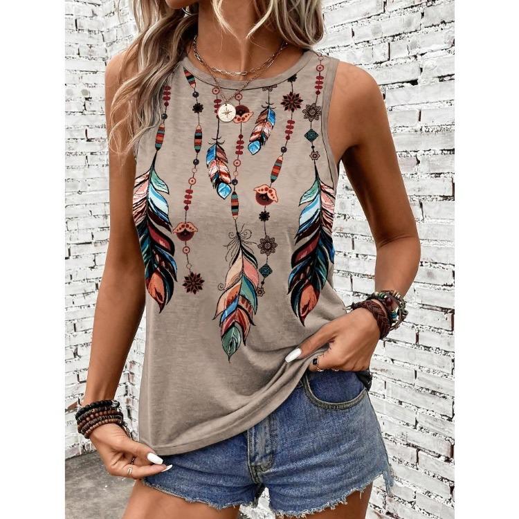 

Women s Clothing Fashion Vintage Sexy Feather Print Tank Tops Sleeveless Casual Crew Neck Vest Tops 2XL