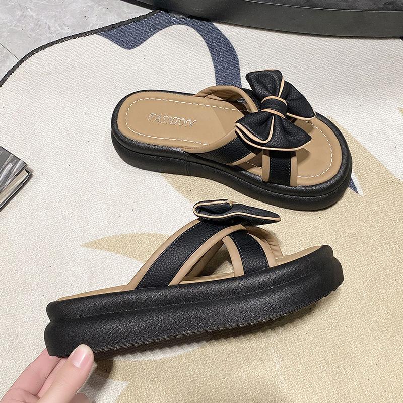 

Шлепанцы на толстой подошве женские летние для улицы 2025 новые модные универсальные с бантом нескользящие с высоким чувством стиля сандалии на одной перемычке женские 40 чёрный