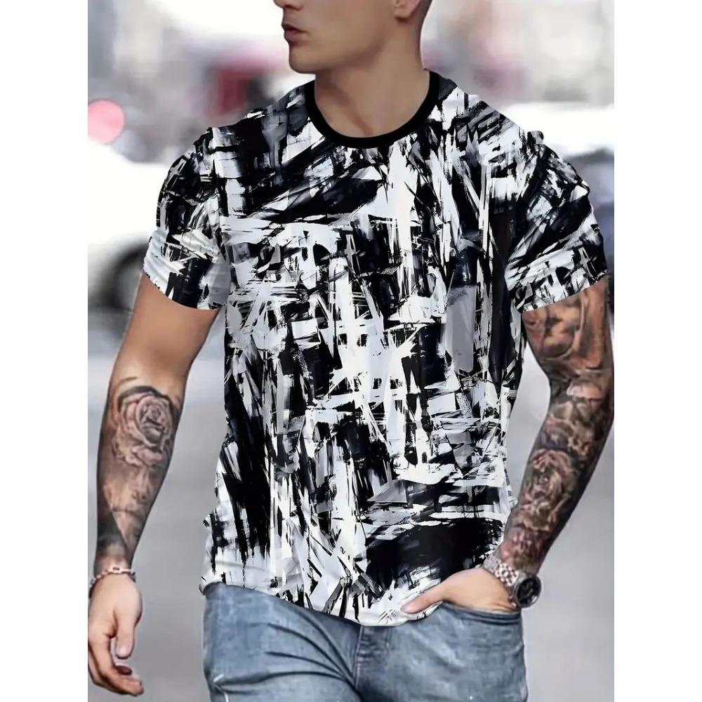Men's 3D Pattern Activity T-shirt, Casual Micro Elastic Short Sleeved Round Neck T-shirt, Men's Clothing