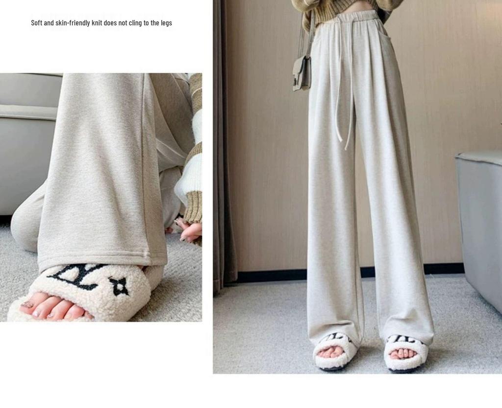 Petite High-Waisted Wide-Leg Glutinous Rice Pants - Women's Slimming Straight-Leg Spring/Autumn Floor-Length Pants