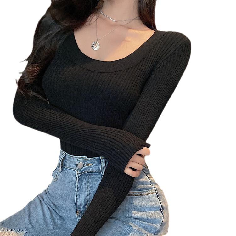 Women's High-End U-Neck Long-Sleeve Knit Sweater - Tight-Fitting Base Layer for Autumn & Winter