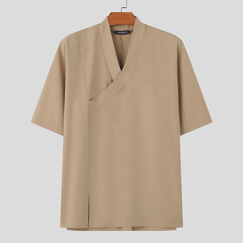 INCERUN Men V Neck Short Sleeve Solid Color T Shirts Vintage Splits Tops
