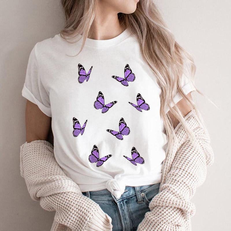 Women Tshirt Cartoon Purple Flower Floral 2025 Summer Spring T Shirt Female Clothes Graphic 90S Aesthetic Kawaii Tee Tops Lady