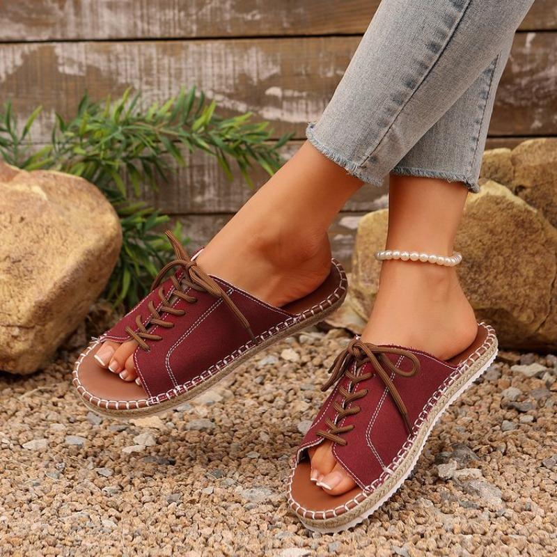 Summer new lace-up slippers women's large size outer wear fashionable high-value beach sandals women