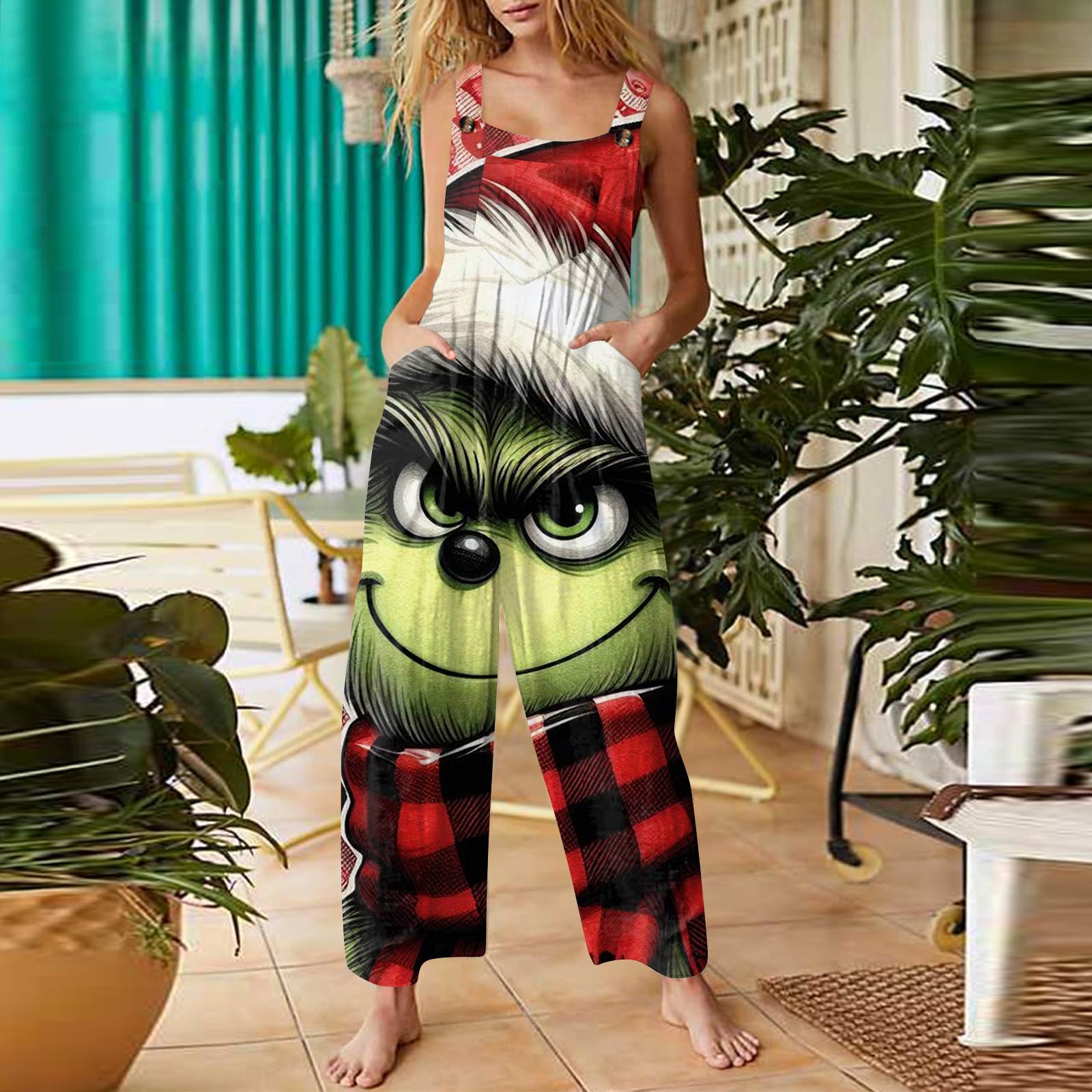 

Женский модный повседневный ретро комбинезон без рукавов на пуговицах с рождественским принтом M винный