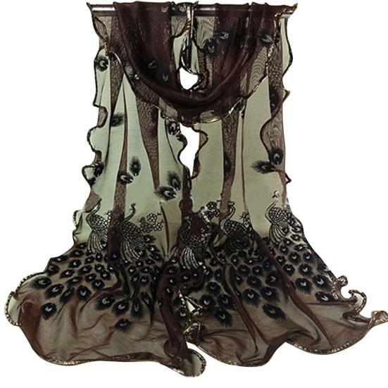 Women Fashion Peacock Flower Embroidered Lace Scarf Long Soft Wrap Shawl Stole