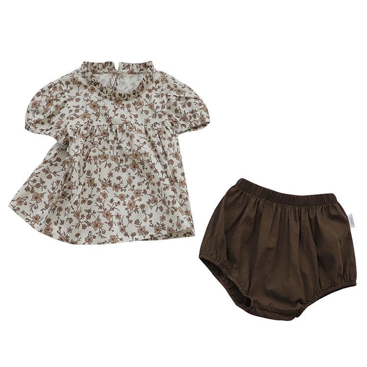 Girls' Summer Linen Cotton Floral Doll Shirt & Shorts Set
