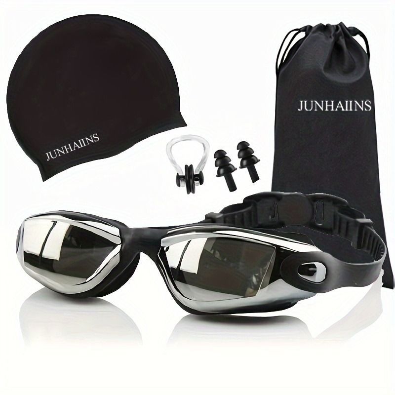 

Adult Four-piece Swimming Goggles Set Anti-Fog Lens Silicone Swim Cap Professional Swimming Kit чёрный