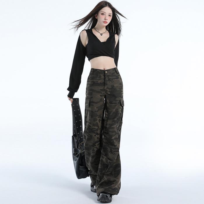 Women's American Retro Camo Work Pants: Spring High Street, Hip Hop Style, Loose Micro Flare, Floor-Length, Drape Casual Trendy.
