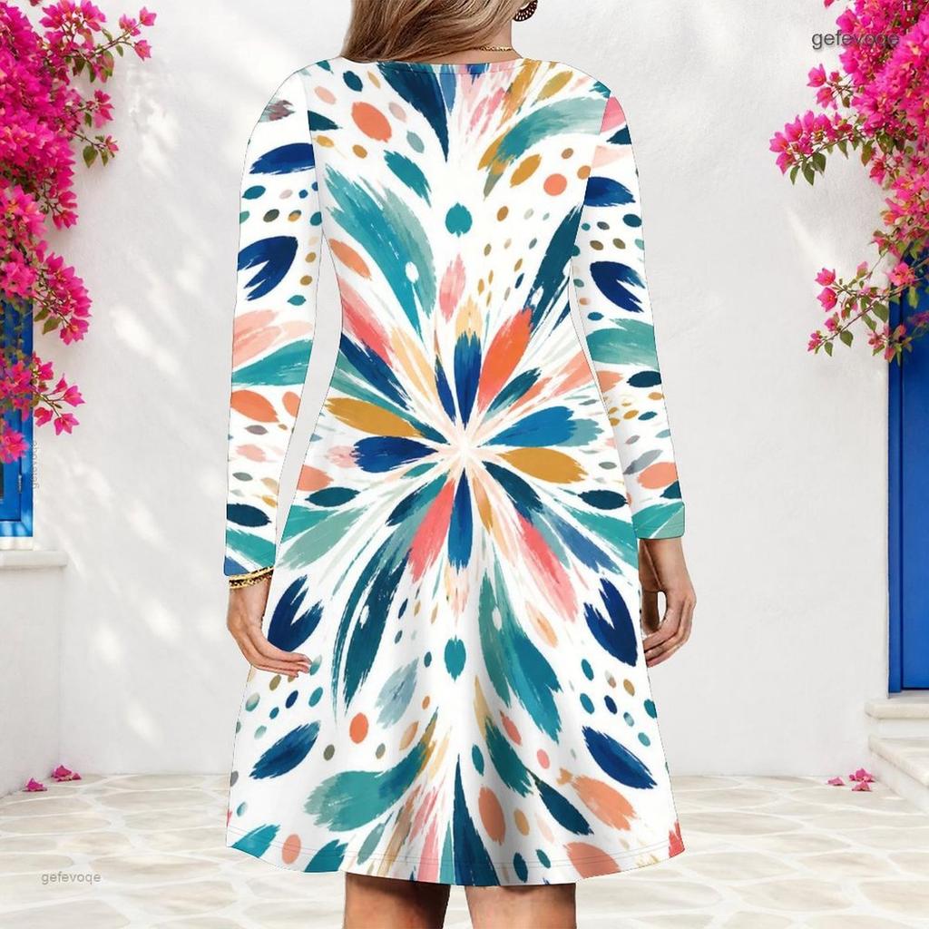 Women Plus Size V Neck Long Sleeve Printed A Line Flared Hem Dress