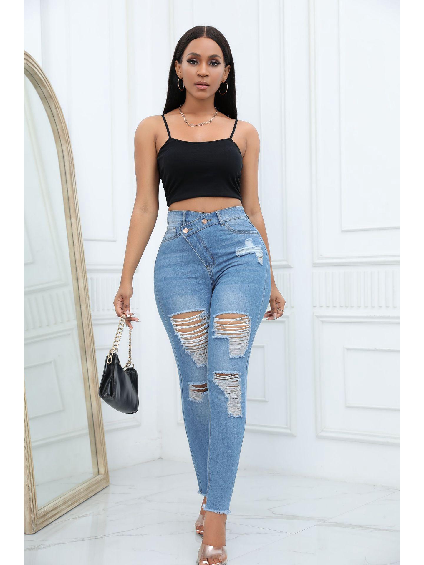 

2023 European & American Sexy High-Waisted Ripped Skinny Jeans for Women M світло-синій колір